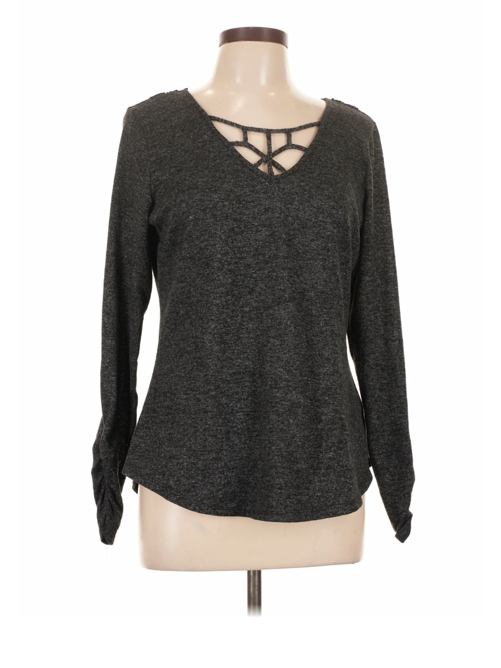 Women's Charcoal Gray Long-Sleeve Top with Lattice V-Neck